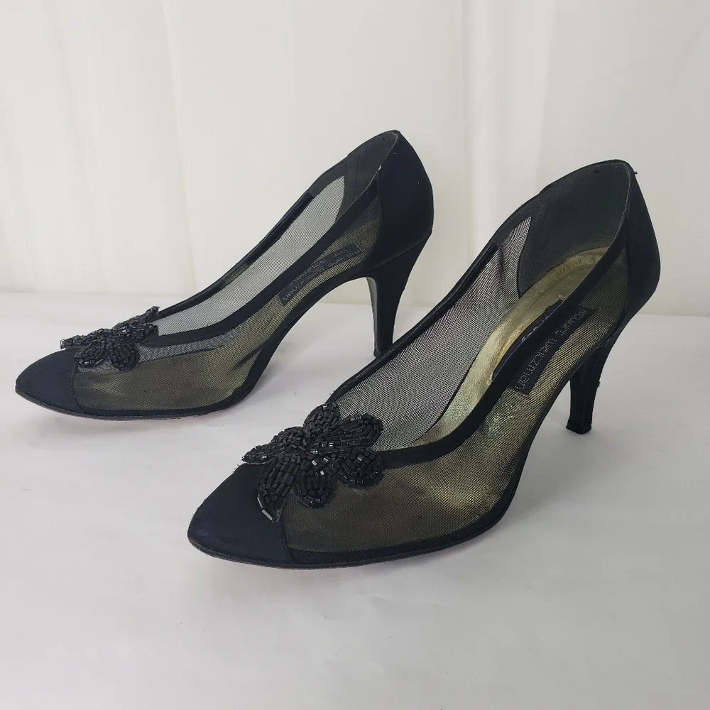 Vintage Stuart Weitzman for Mr. Seymour black satin mesh beaded pumps 8.5